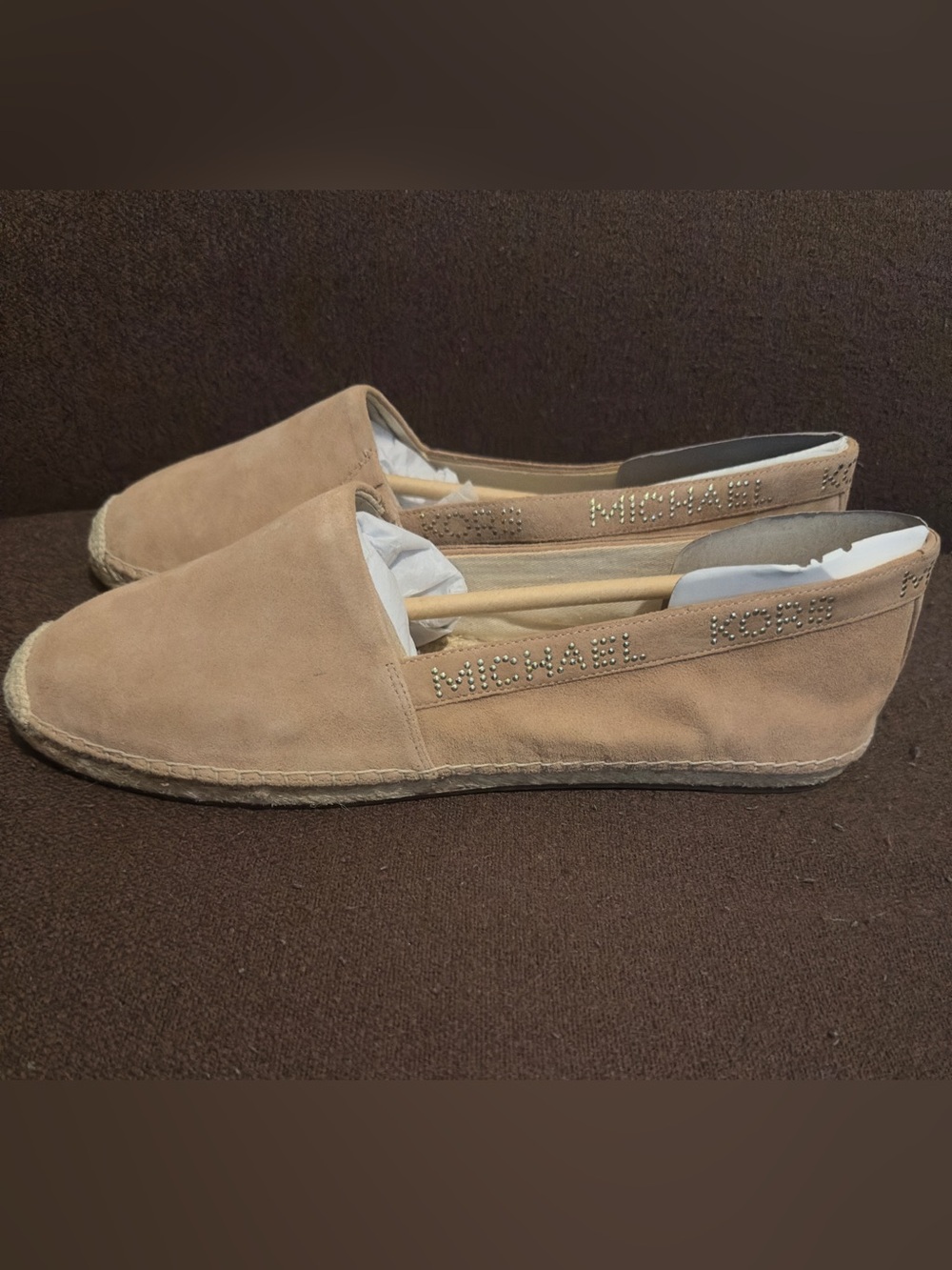 BRAND NEW Michael Kors Beige Suede Espadrille Flats with gold grommet lettering.